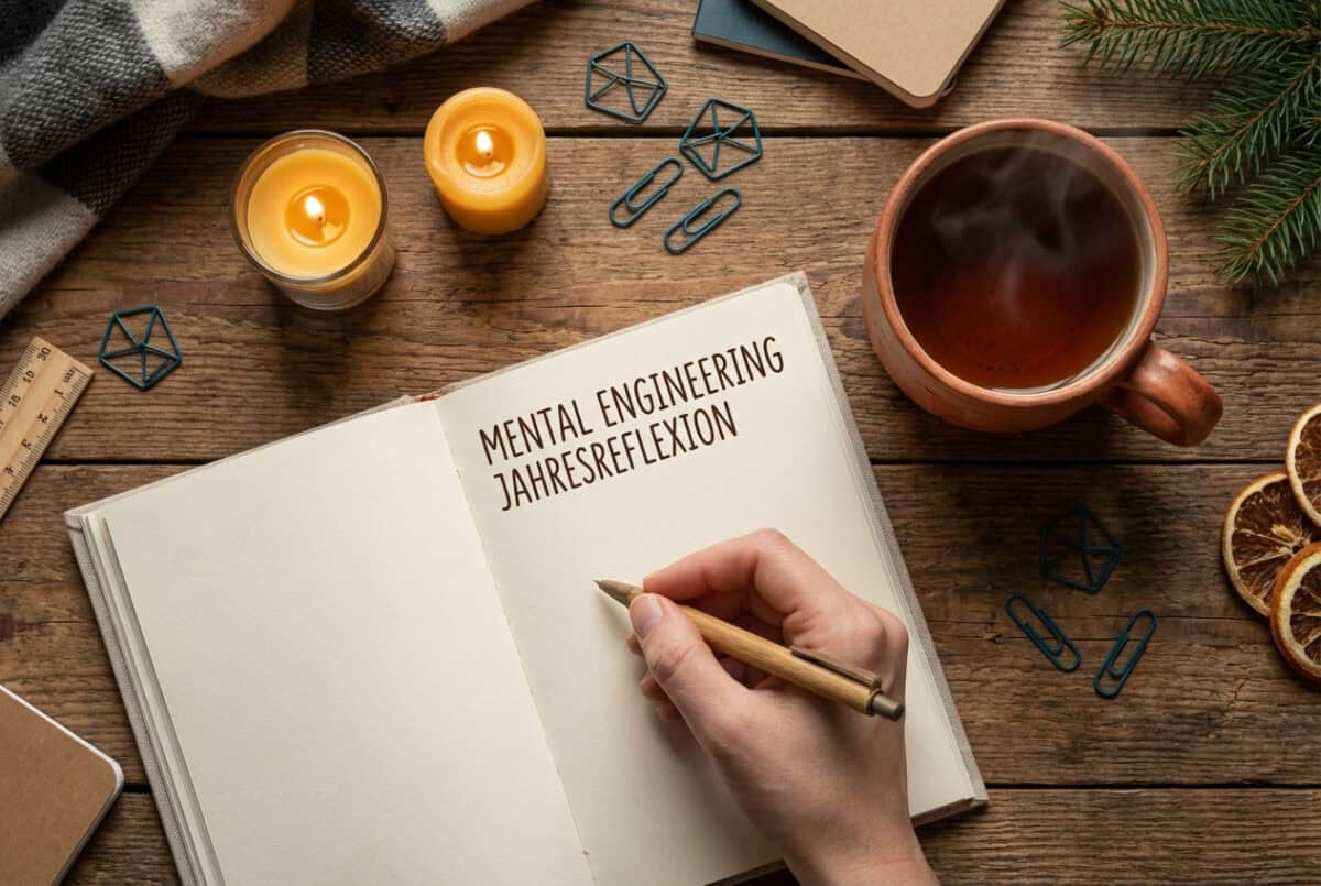Aufgeschlagenes Journal mit dem Text "Mental Engineeing Jahresreflexion" auf einem dunklen Holztisch mit Kerzen.