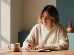 Frau schreibt entspannt in einfaches Notizbuch am Tisch, Journaling-Methoden ohne Perfektionsdruck