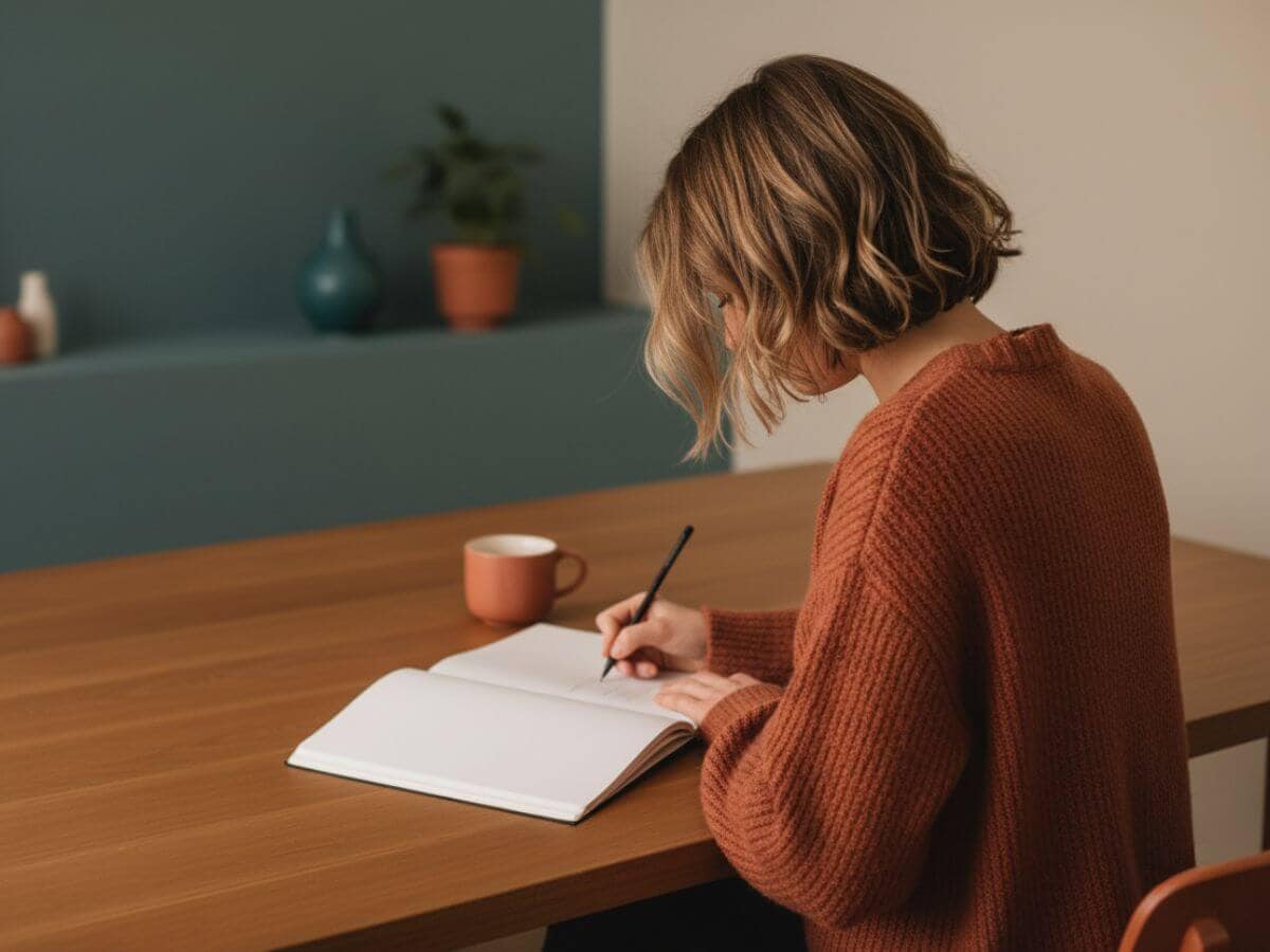 Gedankenvolle Frau schreibt in Notizbuch, Inspiration, Kreativität, Produktivität, entspannter Alltag.