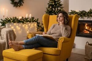 Eine Frau sitzt in einem Sessel und denkt über ihre Jahresreflexion nach. Auf ihren Beinen liegt ein aufgeschlagenes Journal.