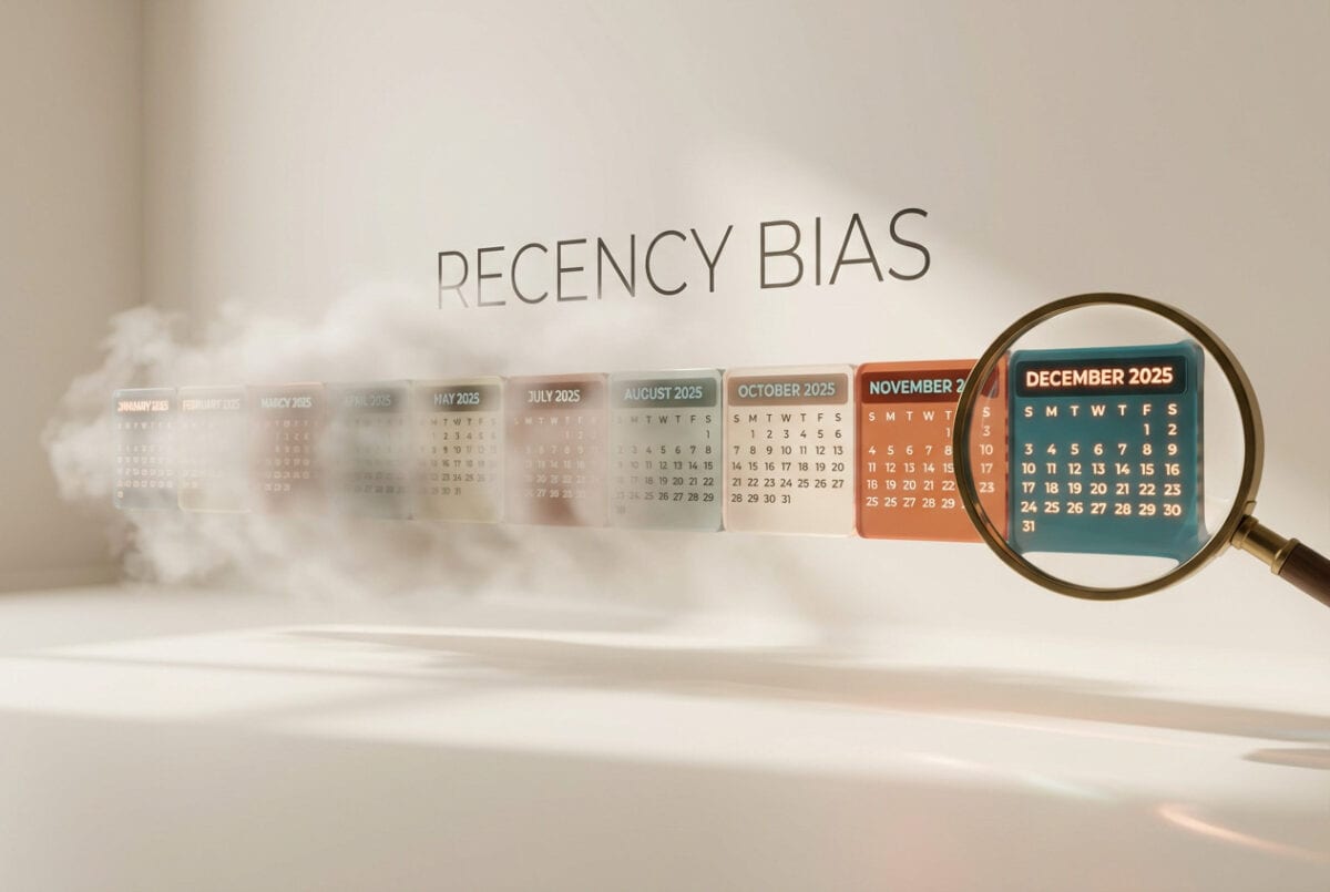 Kreative Visualisierung des Recency Bias (Rezentheitseffekt). Ein horizontaler Kalender-Zeitstrahl von Januar bis Dezember ist verschwommen und von einem mysteriösen Nebel bedeckt. Nur die Monate November und Dezember sind scharf, lebendig und leuchten in Terrakotta und Petrol. Eine Lupe fokussiert auf den Dezember. Der Text "RECENCY BIAS" steht elegant an der Wand hinter dem Zeitstrahl.
